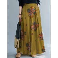 Women Vintage Floral Print Elastic Waist Casual Loose Wide Leg Pants With Pocket