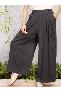 Wide  legged Elastic Waist Solid Color Pants With Side Pockets