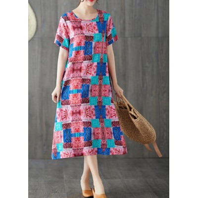 Modern blue prints cotton linen clothes For Women short sleeve wild long summer Dresses