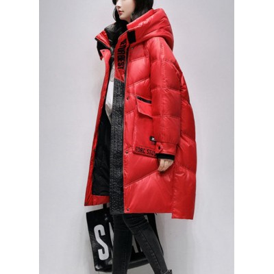 Boho Red Loose fashion Pockets Winter Duck Down Coat