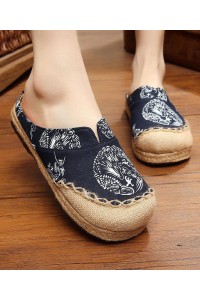 Comfy Navy Print Linen Fabric Slippers Shoes