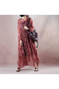 fine light red silk dress v neck long sleeve gown print Cinched drawstring maxi dress