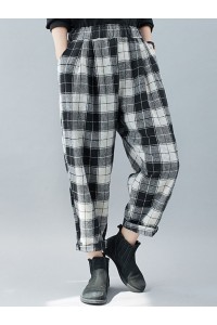 Women Plaid Color Block Elastic High Waist Side Pocket Harem Pants