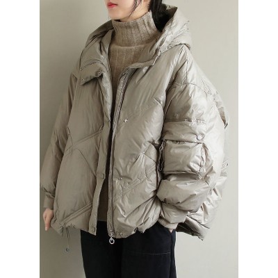 Elegant Beige Hooded drawstring Duck Down Jacket Winter