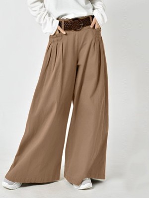 Women Solid Color Elastic Waist Pleats Wide Leg Pants With Pocket