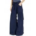 Women Solid Color Elastic Waist Loose Wide Leg Pants With Pocket