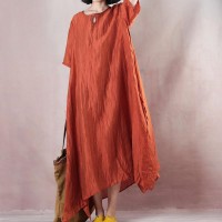 vintage orange linen maxi dress plus size clothing o neck tie waist linen maxi dress fine short sleeve gown