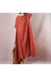 vintage orange linen maxi dress plus size clothing o neck tie waist linen maxi dress fine short sleeve gown