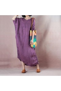 Fine purple long linen dresses oversize o neck asymmetrical design traveling clothing casual long sleeve baggy dresses