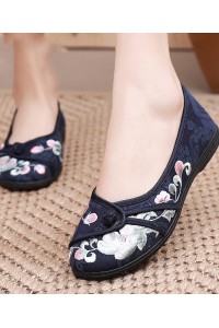 Comfy Blue Flats Embroideried Cotton Fabric Flat Shoes For Women