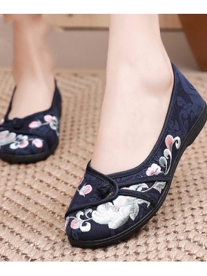 Comfy Blue Flats Embroideried Cotton Fabric Flat Shoes For Women