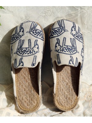 Beige Cotton Fabric Comfy Embroideried Slide Sandals