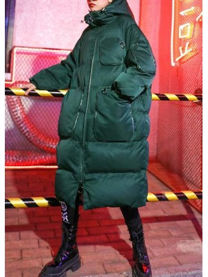 Luxury green winter parkas Loose fitting snow jackets winter hooded zippered coats