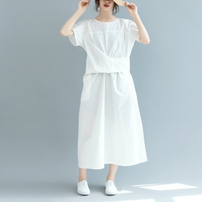 New white cotton maxi dress Loose fitting o neck Cinched traveling clothing 2018 short sleeve baggy dresses