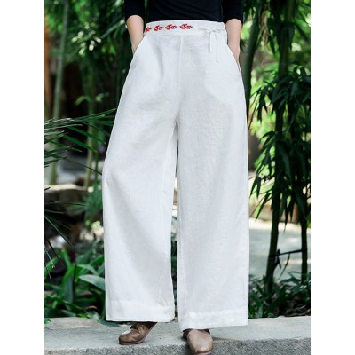 Women Solid Color Lace  Up Vintage Embroidery Wide Leg Pants With Pocket