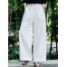 Women Solid Color Lace  Up Vintage Embroidery Wide Leg Pants With Pocket