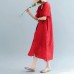 2018 red striped long cotton linen dress oversized v neck tie waist cotton linen clothing dresses boutique short sleeve kaftan