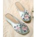 Women Green Embroideried Button Cotton Fabric Slide Sandals