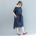 baggy dark blue long cotton dresses plus size o neck tie waist caftans vintage short sleeve dresses