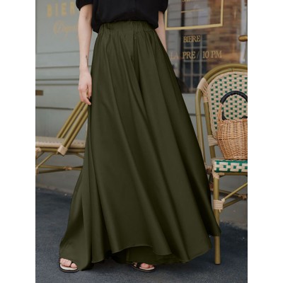 Women Solid Color Loose Casual Elastic Waist Wide Leg Pants With Pocket